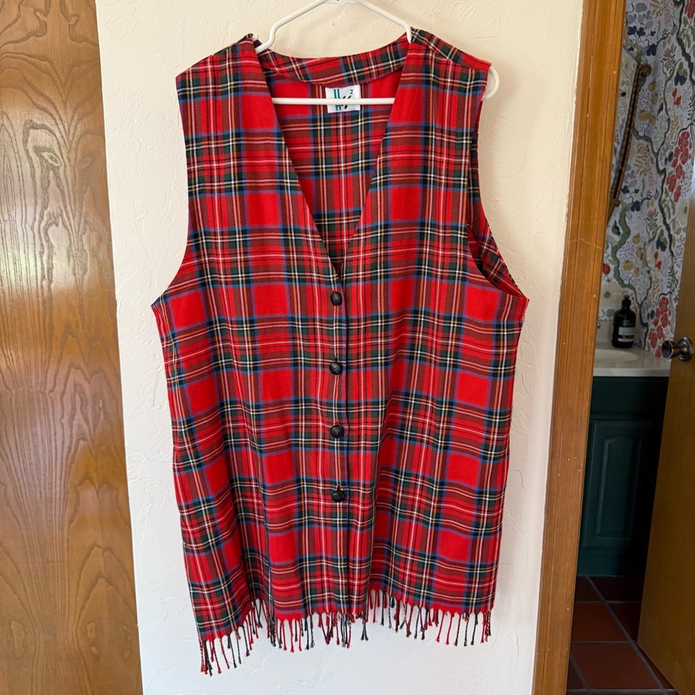 Red Plaid Fringe Vest or Mini Dress